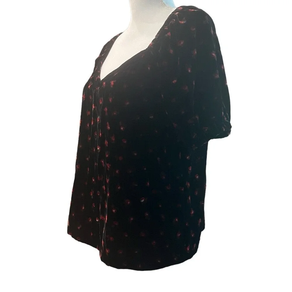 LOFT Floral Velvet Puff Sleeve Top Black & Red Sweetheart Neckline Women's Small